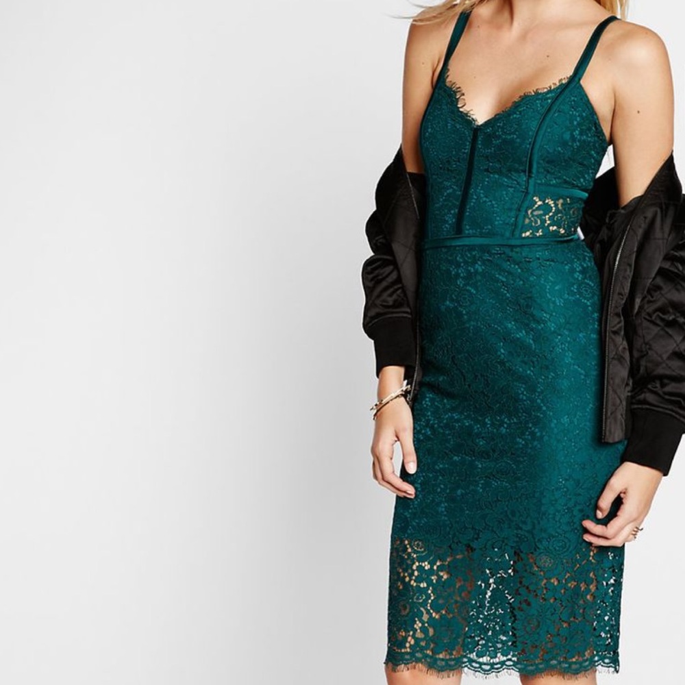 Green piped lace sheath midi dress